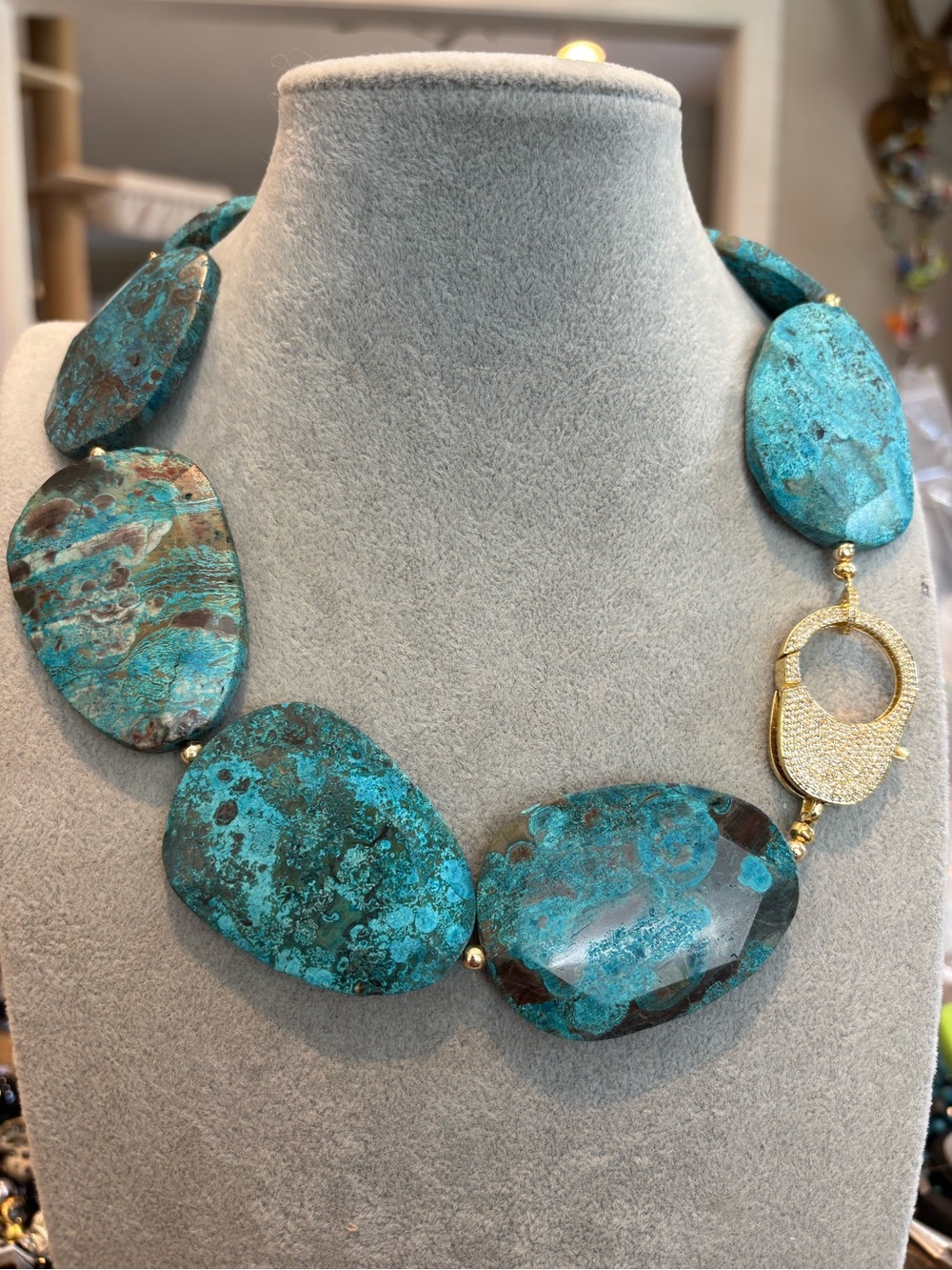 Handmade jasper beaded Statement Necklace with Gold pave crystal Accent clasp